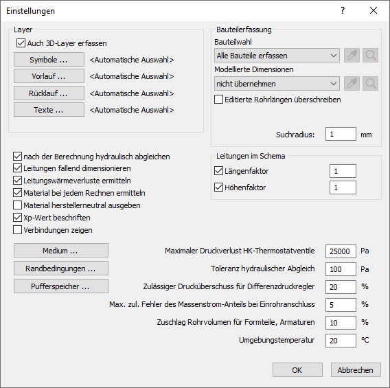 Dialog Einstellungen für Heizung/Kälte in den LINEAR Solutions für Autodesk AutoCAD