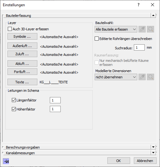 Bereich Bauteilerfassung in den LINEAR-Einstellungen für Lüftung in Autodesk AutoCAD