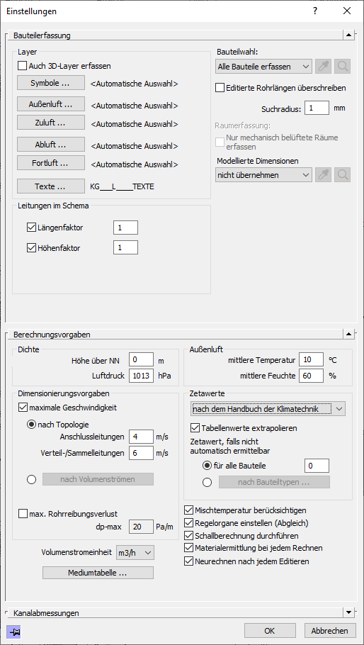 Dialog Einstellungen für die Berechnung Gas in den LINEAR Solutions für Autodesk AutoCAD