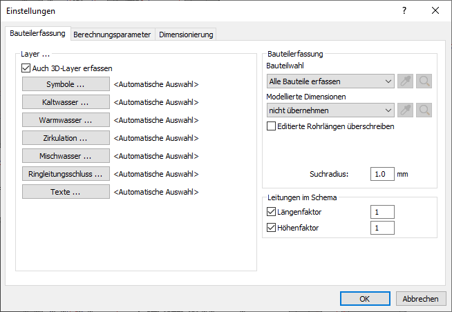 Dialog Einstellungen Trinkwasser in den LINEAR Solutions für Autodesk AutoCAD