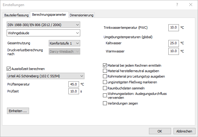 Registerkarte Berechnungsparameter in den Einstellungen für Trinkwasser der LINEAR Solutions für Autodesk AutoCAD