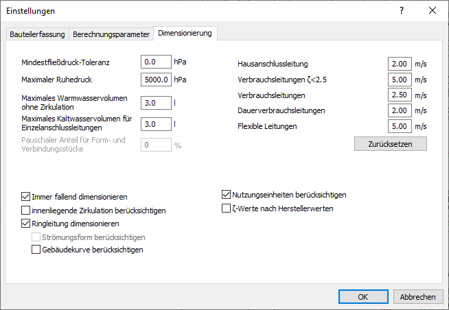 Registerkarte Dimensionierung in den Einstellungen für Trinkwasser der LINEAR Solutions für Autodesk AutoCAD