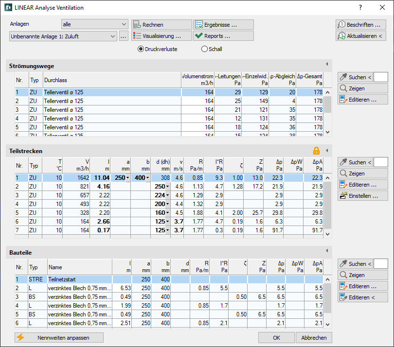 Berechnungsdialog Analyse Linear AutoCAD