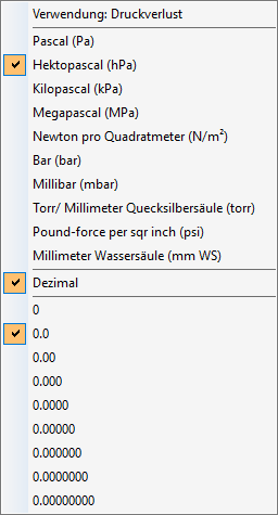 Kontextmenü des Dialogs Einheiten-Einstellungen