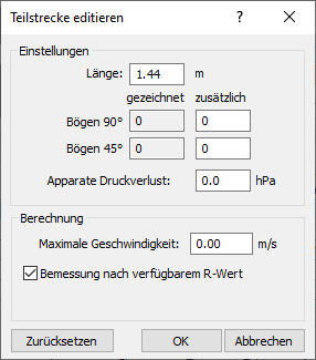 Dialog "Teilstrecke editieren" der Disziplin Trinkwasser in den LINEAR Solutions für Autodesk AutoCAD