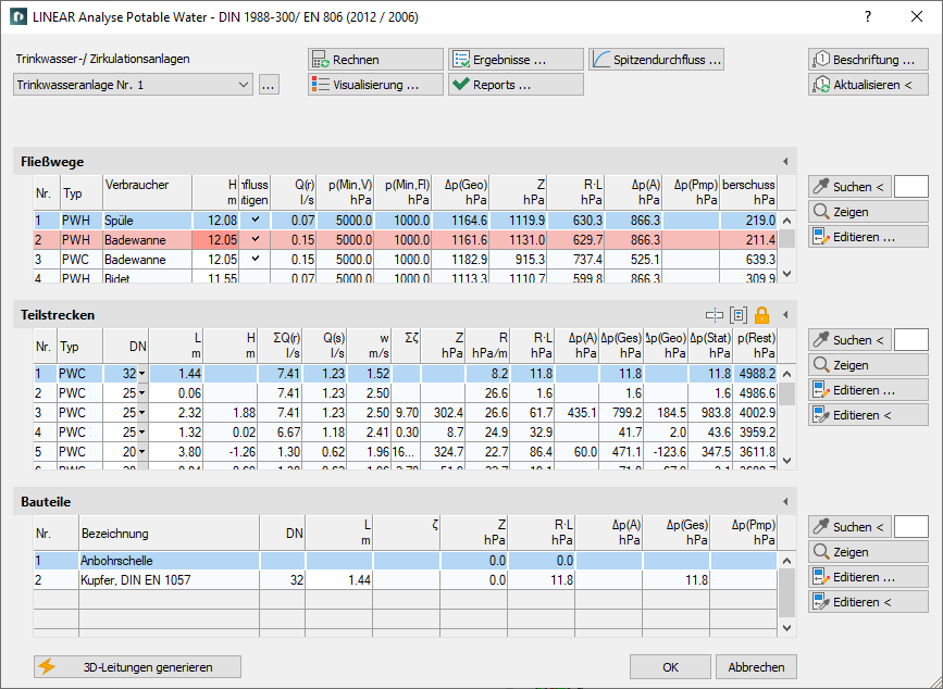 Berechnungsdialog der Disziplin Trinkwasser in den LINEAR Solutions für Autodesk AutoCAD