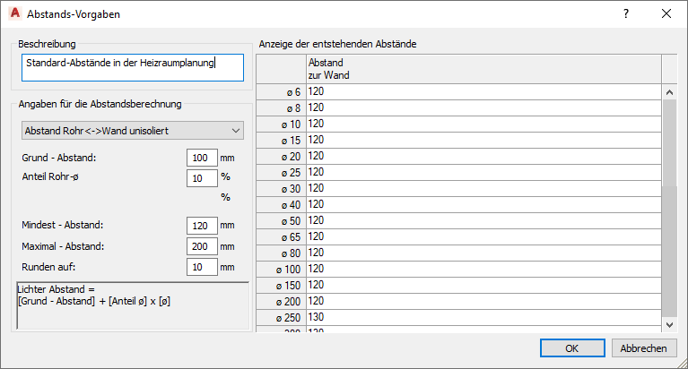AutoCAD-Dialog Abstands-Vorgaben für Rohr- und Kanalkonstruktionen