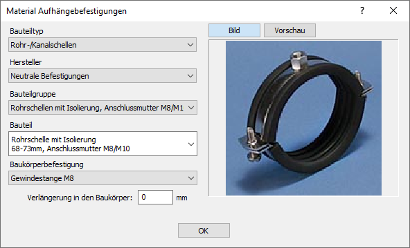 Dialog "Material Aufhängebefestigungen" in den LINEAR Solutions für Autodesk AutoCAD
