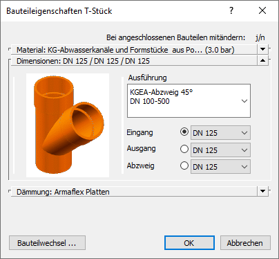 Dialog Bauteileigenschaften T-Stück Linear Solutions AutoCAD