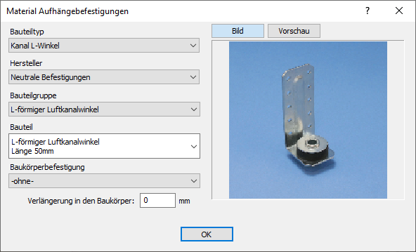 Dialog "Material Aufhängebefestigungen" in den LINEAR Solutions für Autodesk AutoCAD