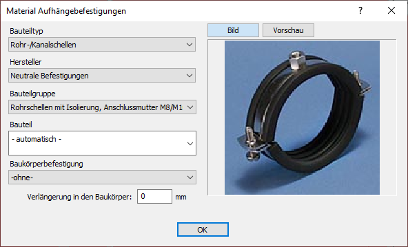 Dialog "Material Aufhängebefestigungen" in den LINEAR Solutions für Autodesk AutoCAD