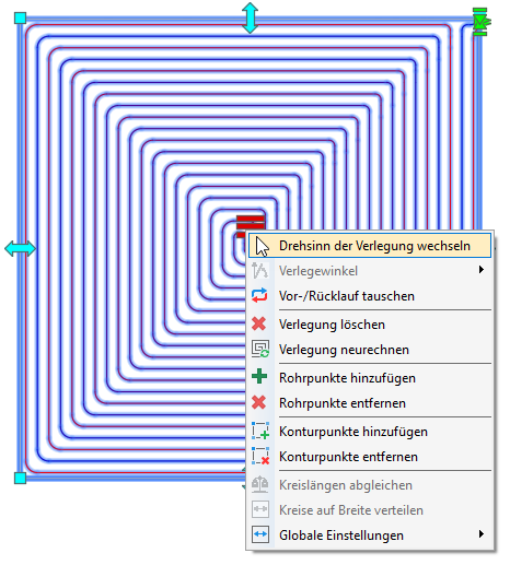 Kontextmenü von Heizkreisen in den LINEAR Solutions für Autodesk AutoCAD