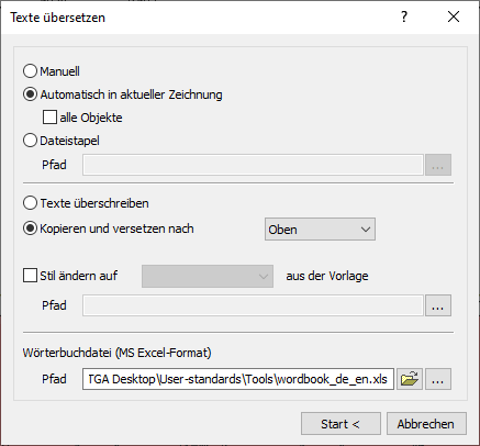 Dialog "Texte übersetzen" in den LINEAR Solutions für Autodesk AutoCAD