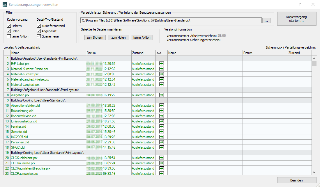 Dialog "Benutzeranpassungen verwalten" im LINEAR Installation Center