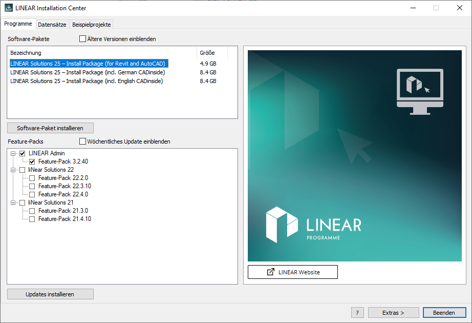 Registerkarte Programme im LINEAR Installation Center