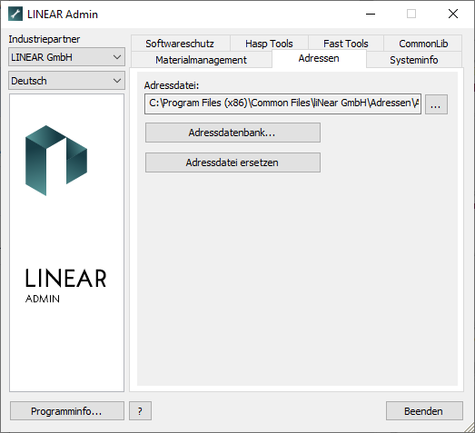 Tab Adressen - LINEAR Admin