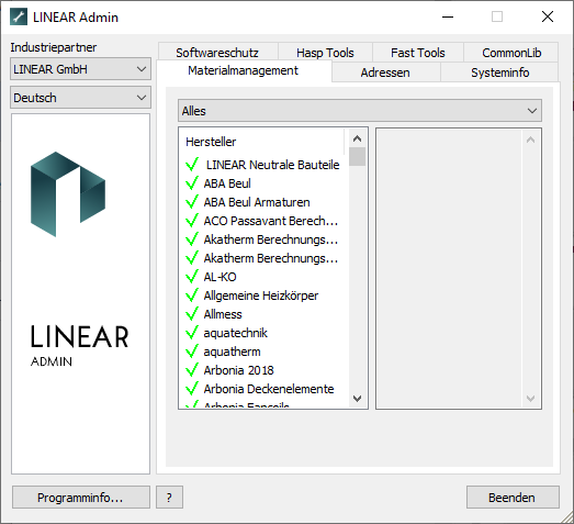 Tab Materialmanagement - LINEAR Admin