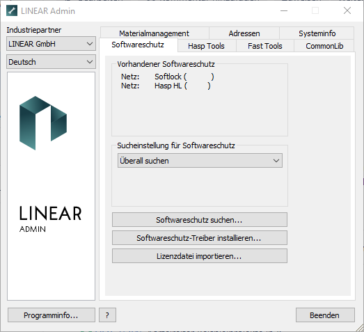 Tab Softwareschutz - LINEAR Admin