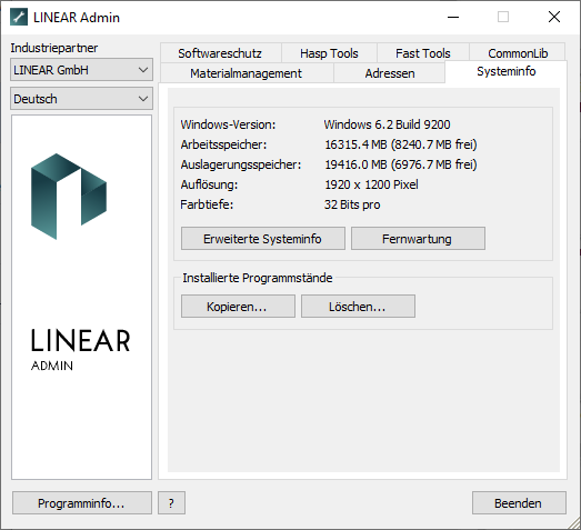 Tab Systeminfo - LINEAR Admin