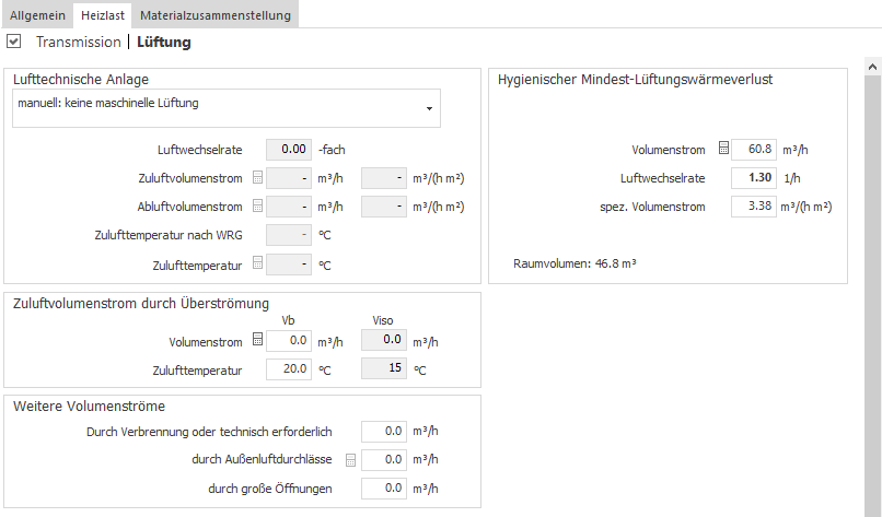 Bereich Lüftung des Moduls Heizlast in LINEAR Building