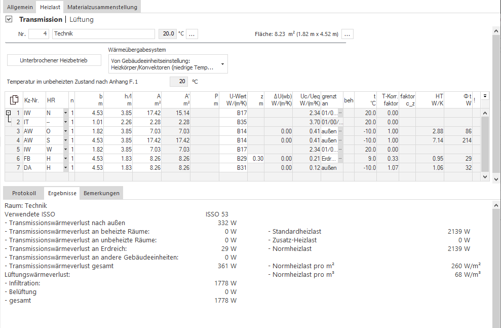 Bereich Transmission im Modul Heizlast von LINEAR Building