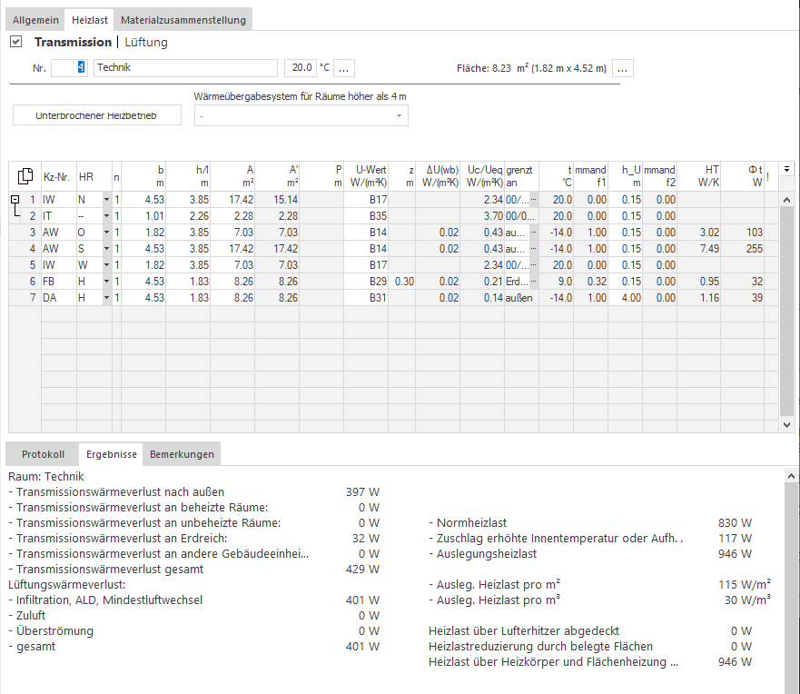 Bereich Transmission im Modul Heizlast von LINEAR Building