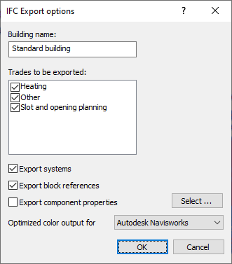 Dialog “IFC MEP Export” in the LINEAR Solutions for Autodesk AutoCAD