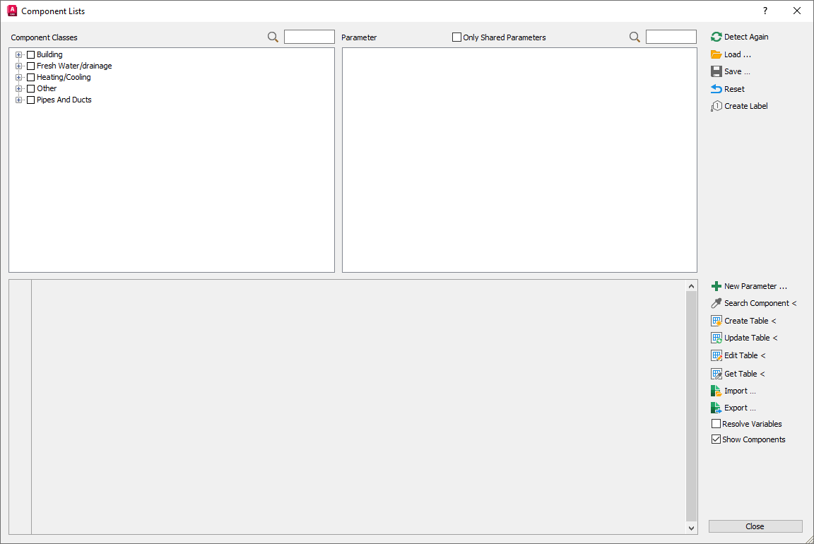 Dialog component lists in the LINEAR Solutions for Autodesk AutoCAD