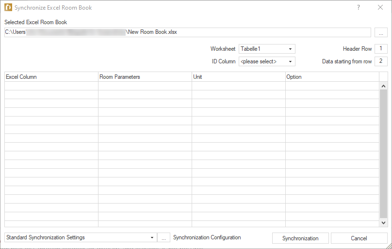 “Synchronize Excel Room Data Sheet” dialog with selected Excel file