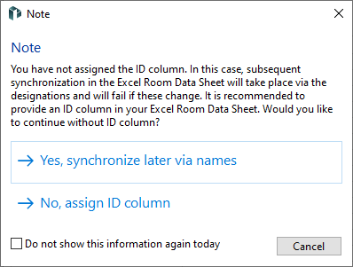 Note on the missing ID column when transferring room data to an Excel room data sheet