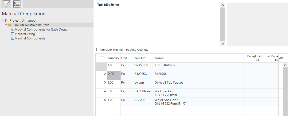 Material compilation of the LINEAR CAD Browser with added items