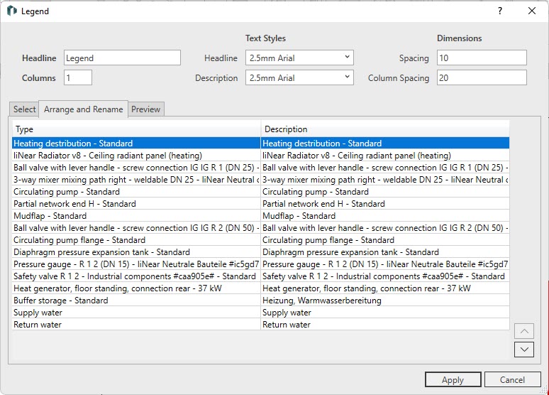 Dialog legend sorting Linear Revit