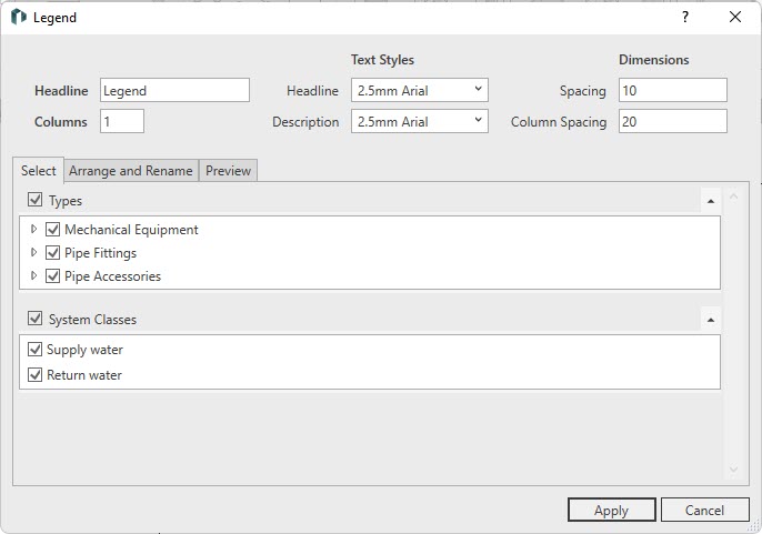 Dialog legend selection Linear Revit