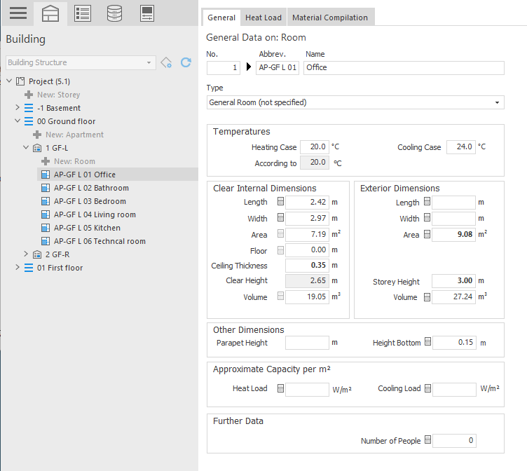 Area: "General data on: Room” in LINEAR Building