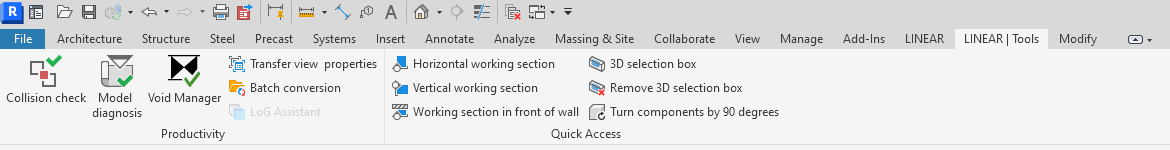 "Linear | Tools" tab in the multifunction ribbon of Revit