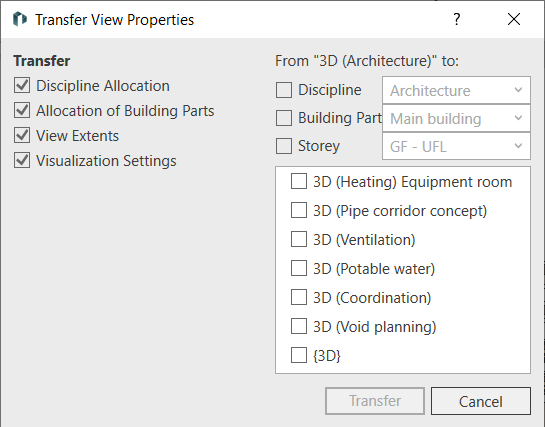 Dialog “Transfer view properties” in the LINEAR Solutions for Autodesk Revit