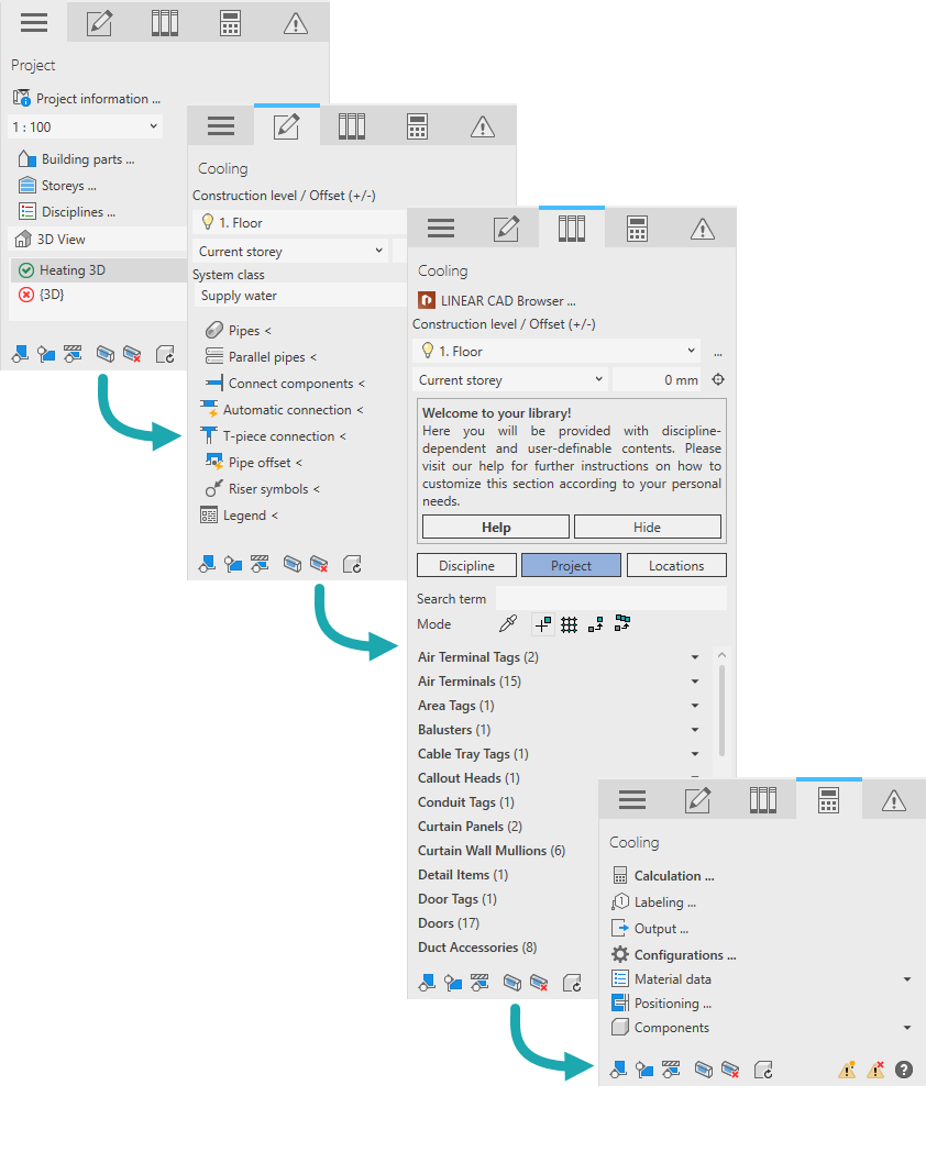 Illustration of the workflow in the LINEAR Solutions for Autodesk control board. Revit