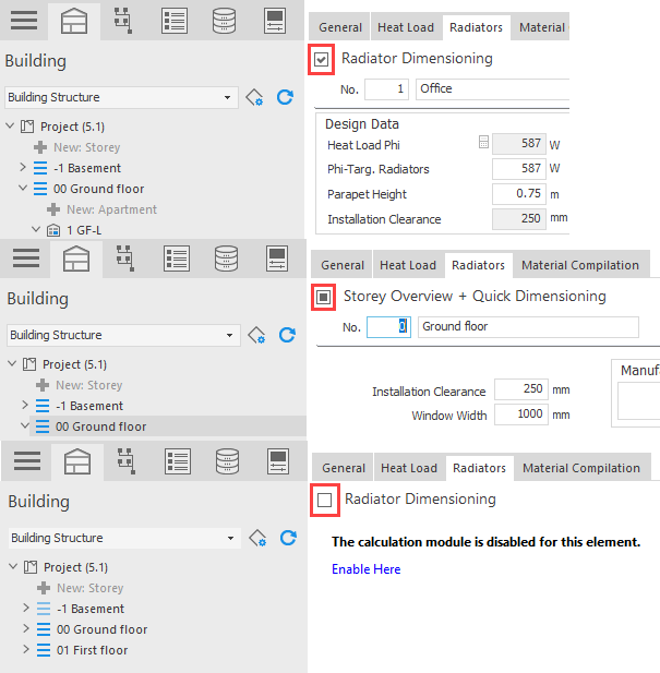 Activated, partially activated, and deactivated levels of the building structure in LINEAR Building