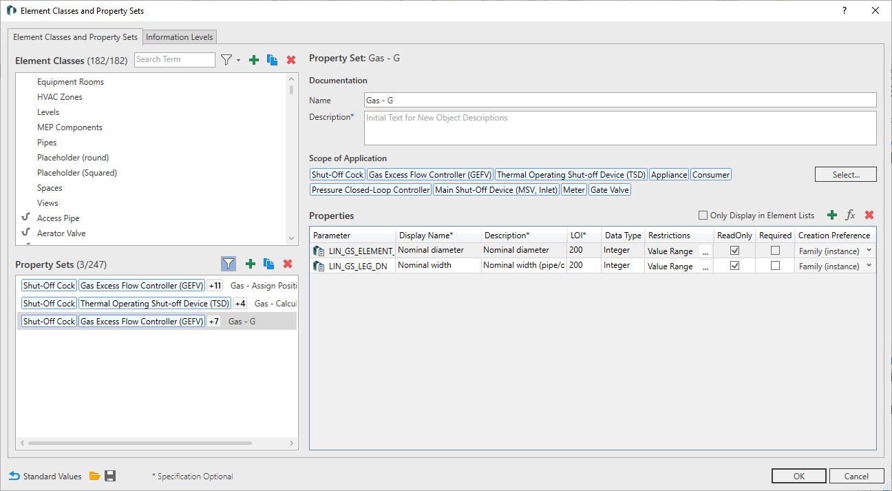 “Element classes and property sets” dialog in the LINEAR Solutionsfor Autodesk Revit