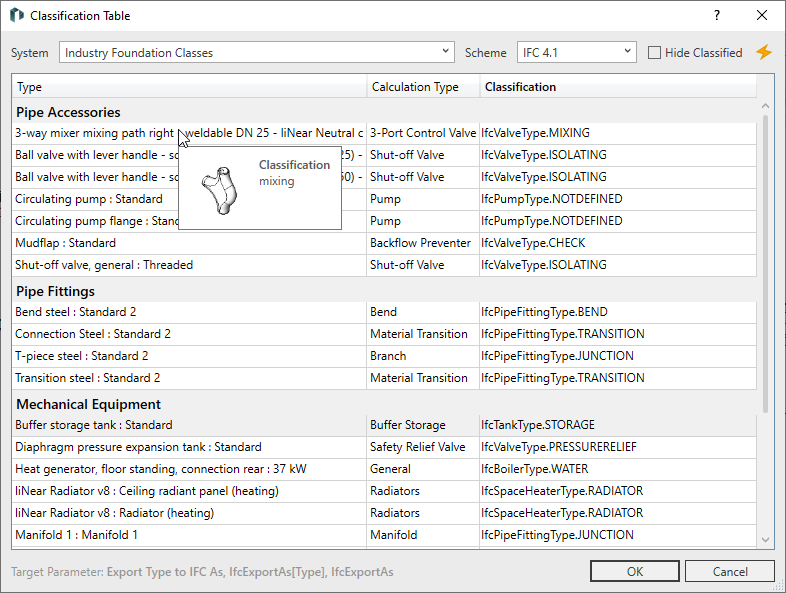 Dialog classfication table Linear Revit
