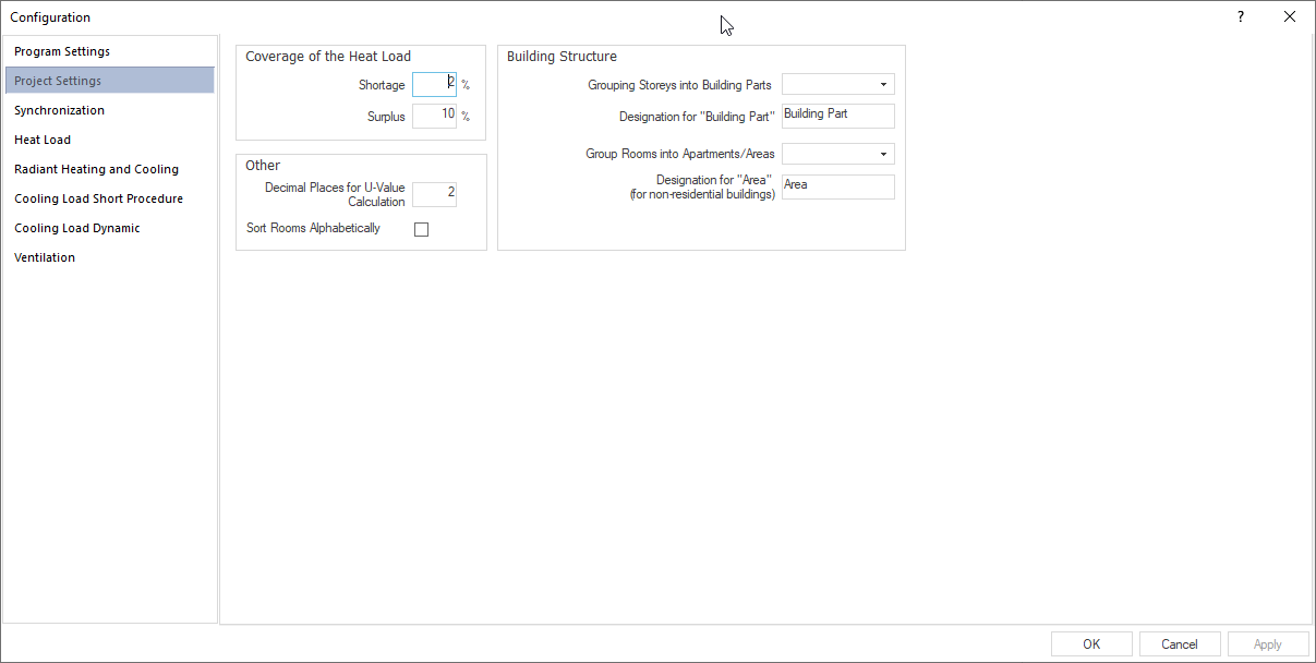 Project settings area in the configuration of LINEAR Building