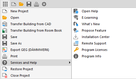 Menu Point "Services und Help" of the Main Menu in LINEAR Building