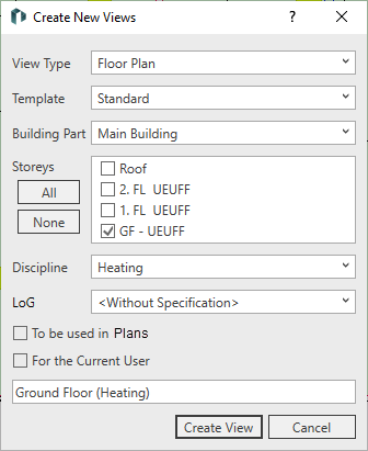 Dialog "Create Views" in the LINEAR Solutions for Autodesk Revit