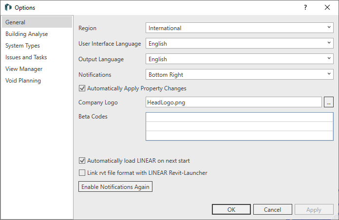 Options general Linear Revit