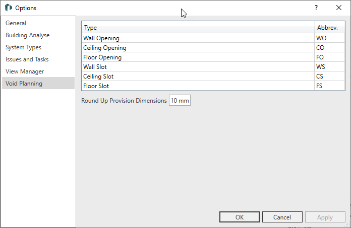 Dialog options void planning Linear Revit