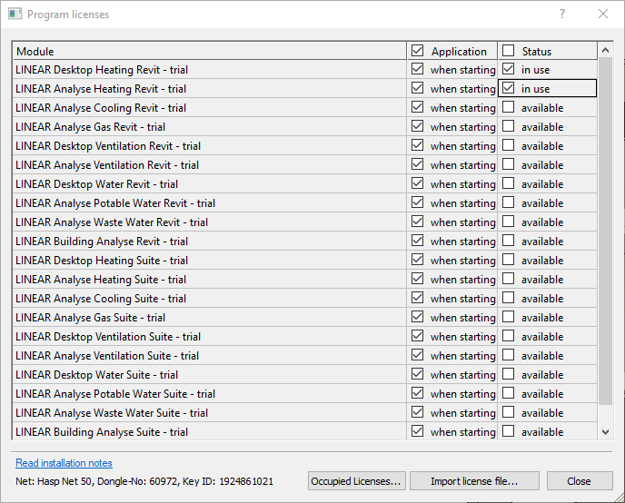 Column Program licenses of LINEAR Solutions for Autodesk Revit