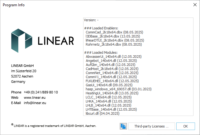 Program info dialog in the LINEAR software products