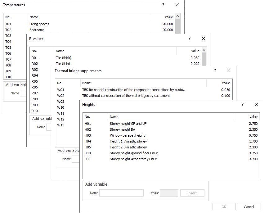 variable dialogs of the master tables in LINEAR Building