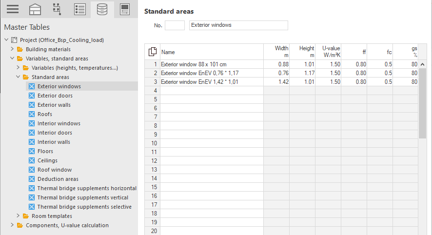 Table of variables in the master tables of LINEAR Building