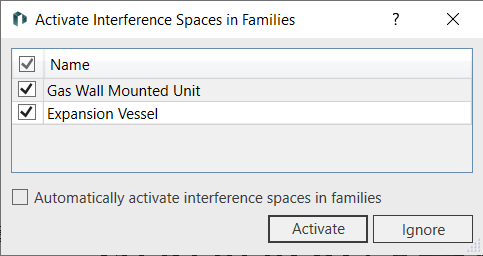 Dialog "Activate Interference Spaces in Families" in the LINEAR Solutions for Autodesk Revit